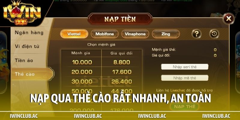 Nạp qua thẻ cào rất nhanh, an toàn